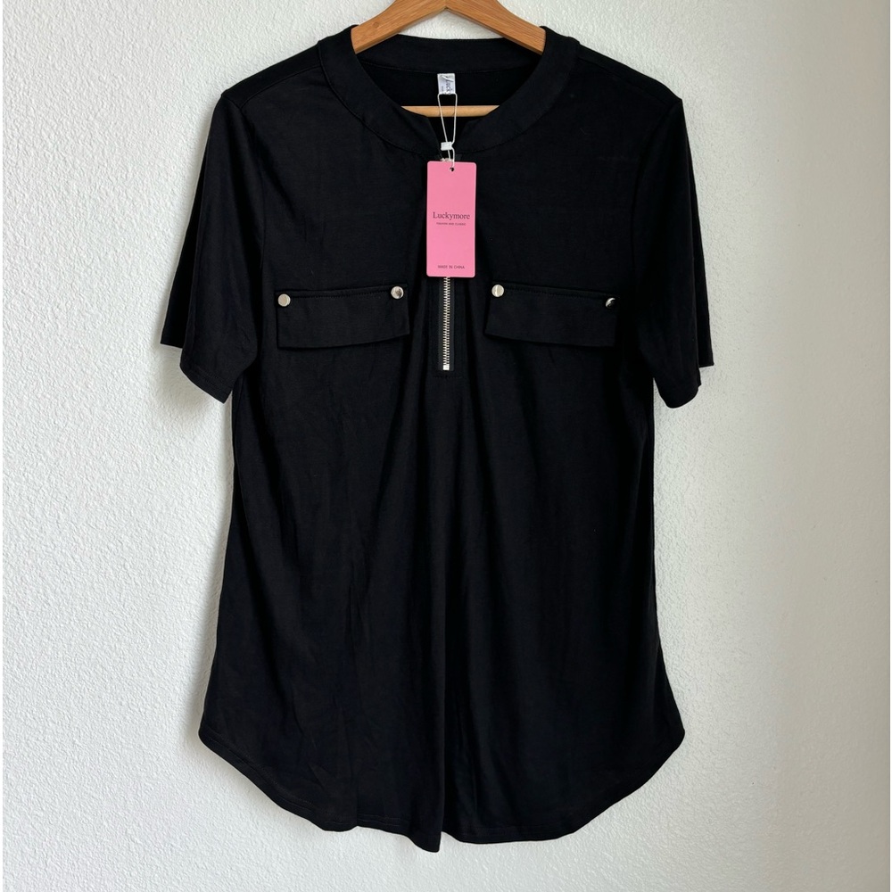 LUCKY MORE women’s short sleeve black zip flowy tunic blouse size Large NWT